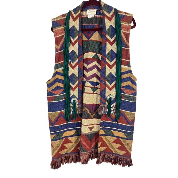 Western Striped Vest S Red Aztec Tapestry Tribal Boho Fringe Chevron Indian 70s - Picture 1 of 13